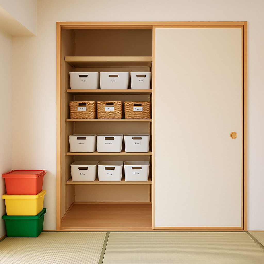 押し入れをボックスで仕分けた和室収納