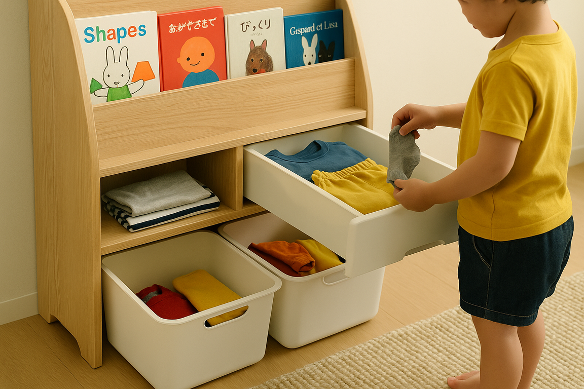 絵本棚に子ども服や下着を収納した実例