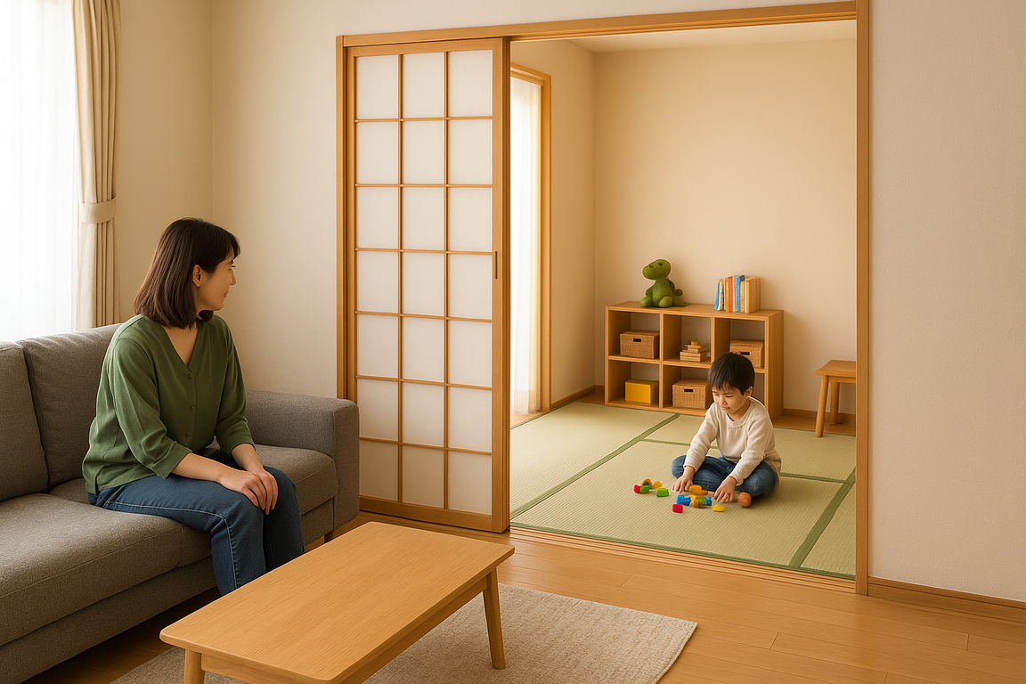 リビング横の和室で子どもを見守れる動線