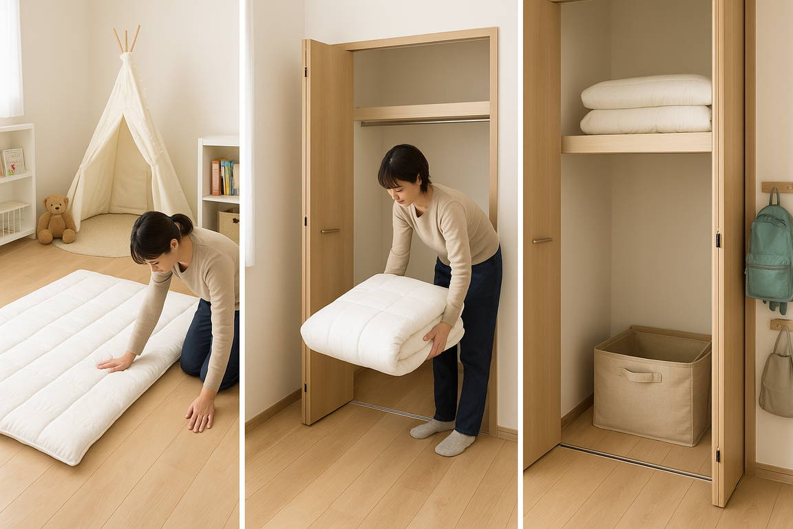 寝具の収納手順と動線の実例