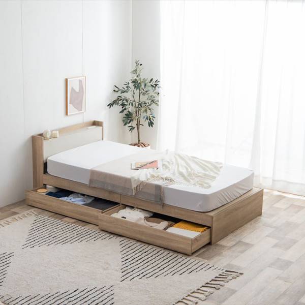 寝具 Erin 宮棚&コンセント付き引き出し収納ベッド 高密度ポケットコイルマットレス付 シングル