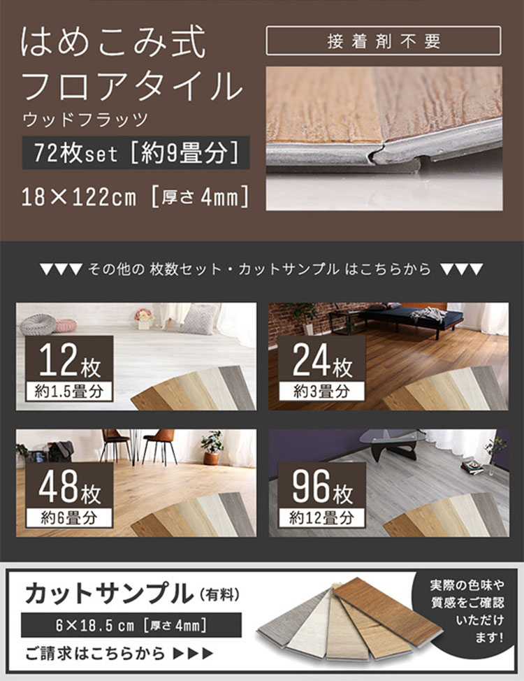 はめこみ式フロアタイル Wood Flats(ウッドフラッツ) 72枚セット 9畳用 5色対応 賃貸OK／床暖房対応の通販情報  家具通販のわくわくランド 本店